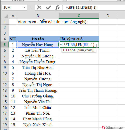 Xóa 4 ký tự cuối trong Excel