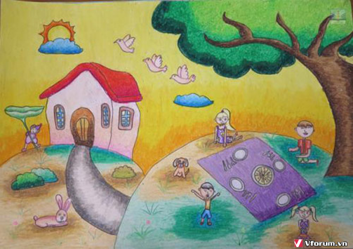 Tranh vẽ ngôi nhà đẹp đơn giản, ngôi nhà mơ ước hạnh phúc, hình vẽ trường  học 