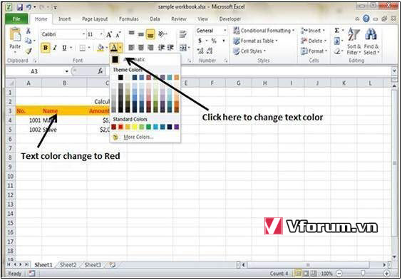 Cách Thay Đổi Màu Chữ Trong Microsoft Excel 2010 - Set Colors In Excel 2010  | Vfo.Vn
