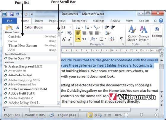 Cách thiết lập Font chữ, cỡ chữ trong Word 2010 | VFO.VN