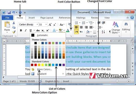 Cách thay đổi màu chữ, màu đoạn văn trong Word 2010 | VFO.VN